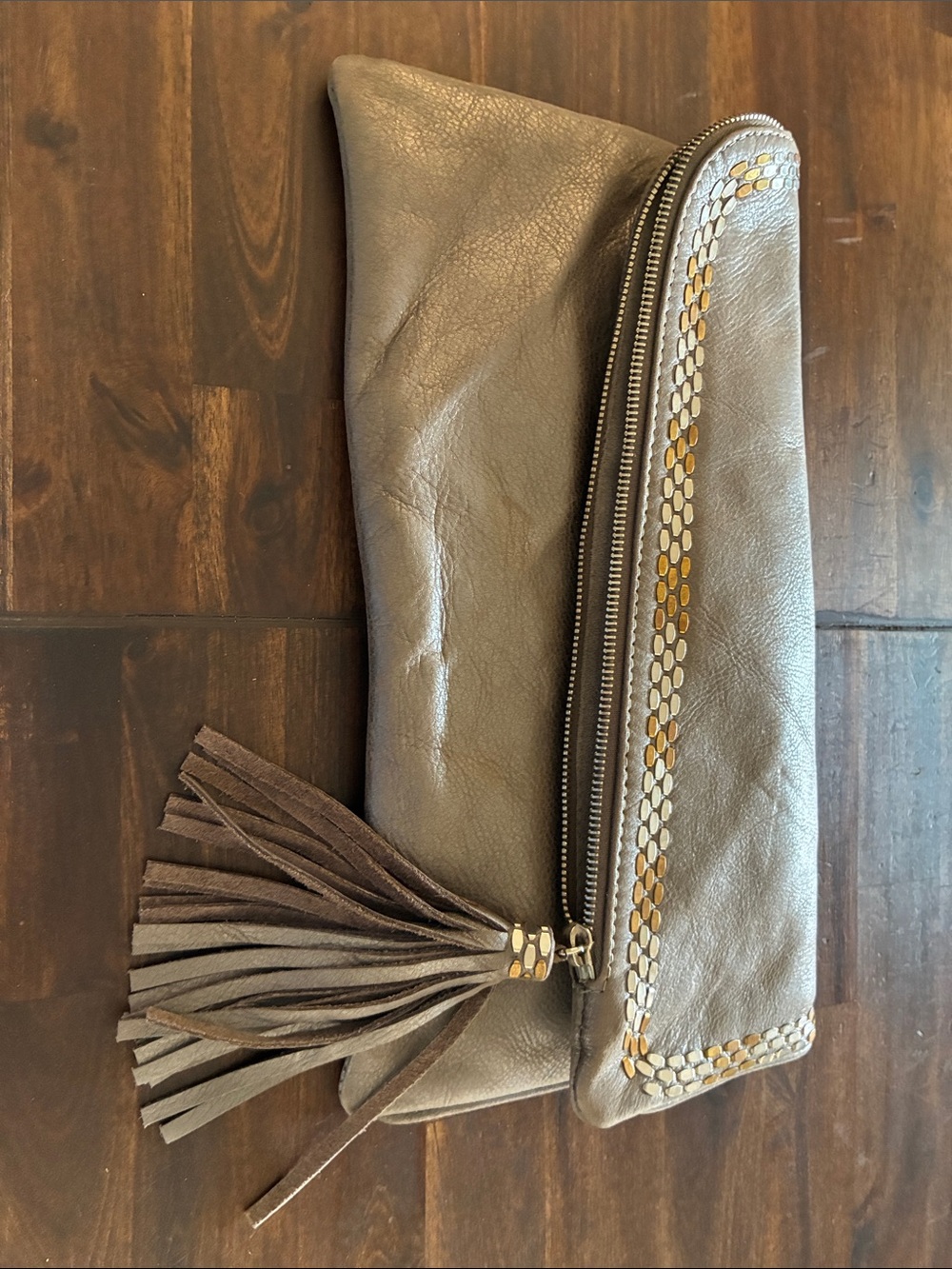 Colleen Cordero Taupe Leather Tassel Clutch with Studded Trim